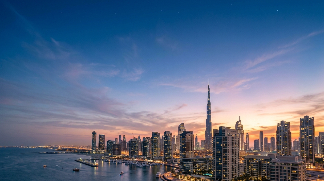 Dubai skyline at dusk, with the Burj Khalifa above the water.