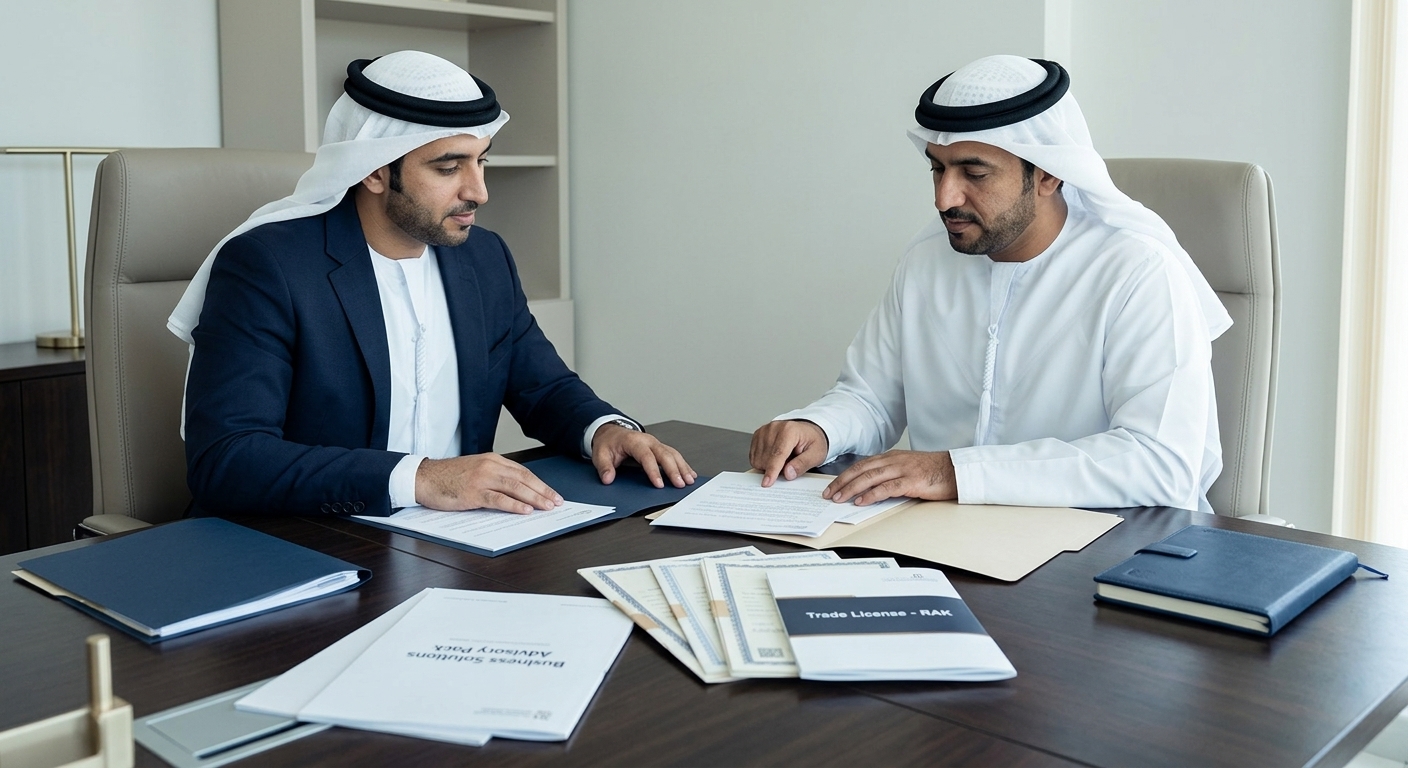 An Advanterra lead and a client reviewing trade-license papers at the desk.