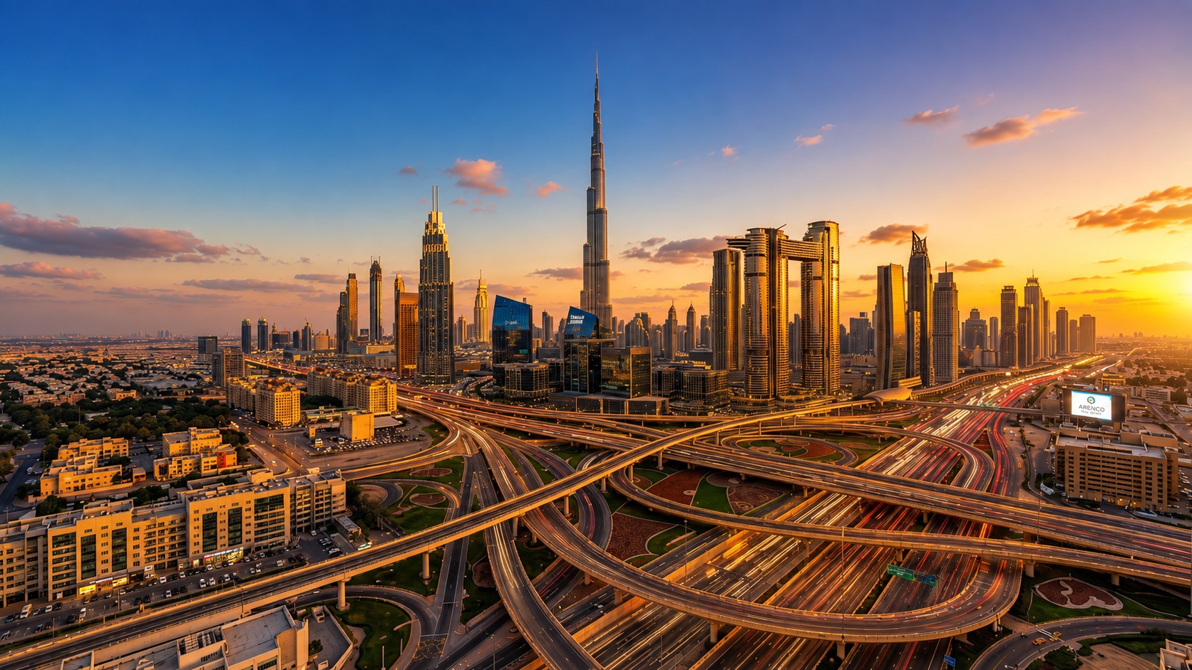 Dubai skyline at dusk, with the Burj Khalifa above the Sheikh Zayed Road interchange.
