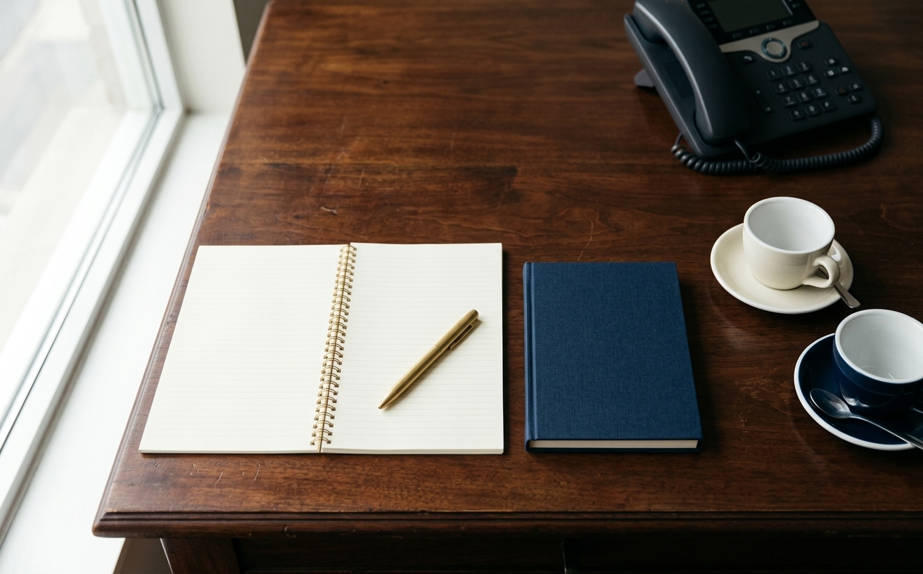 A notepad, a gold pen, and a quiet desk set for a short call.