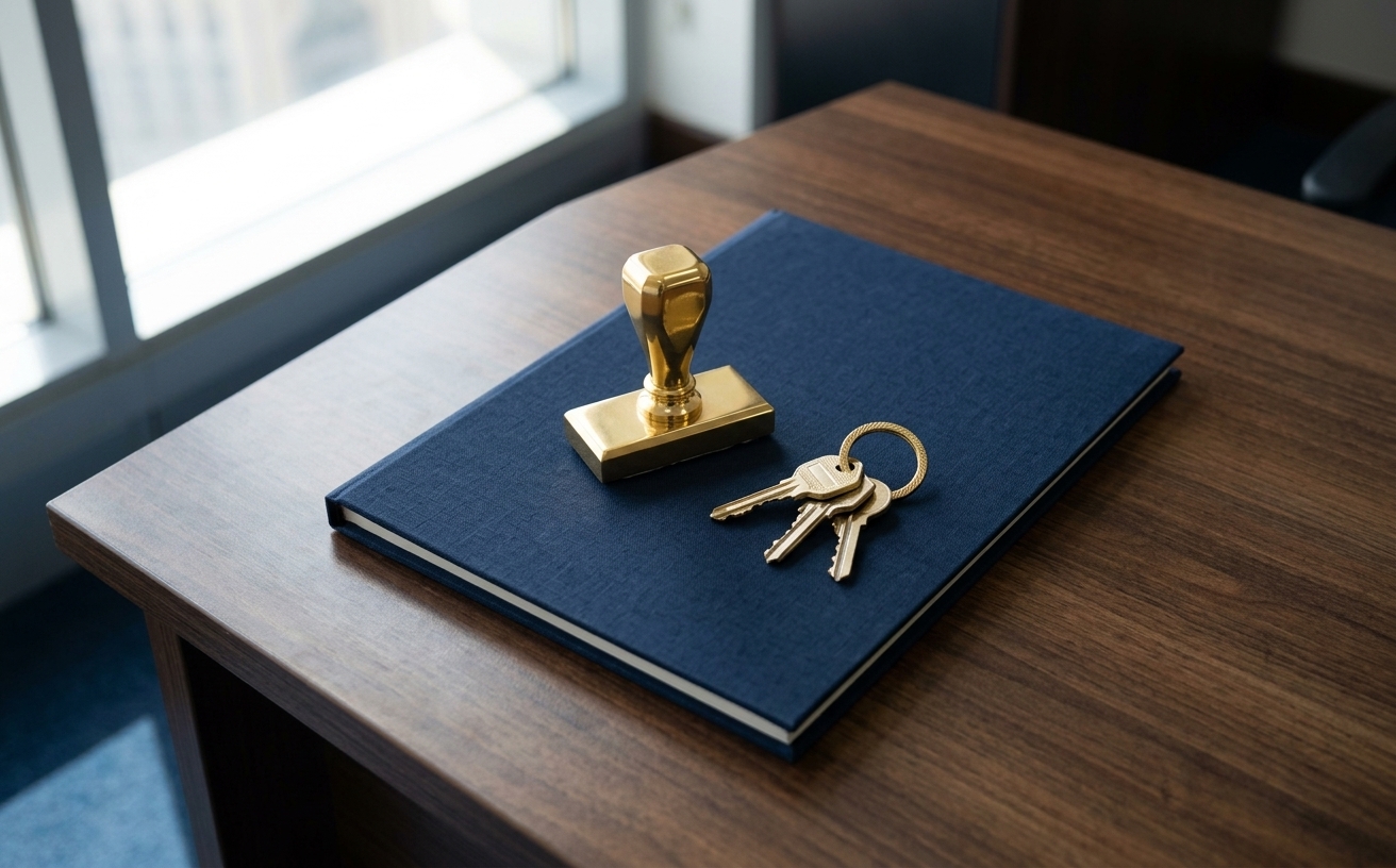 A closed file, a gold stamp, and keys ready for handover.