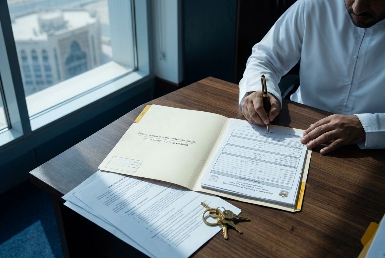 Trade-license papers and company-setup files for a new firm.