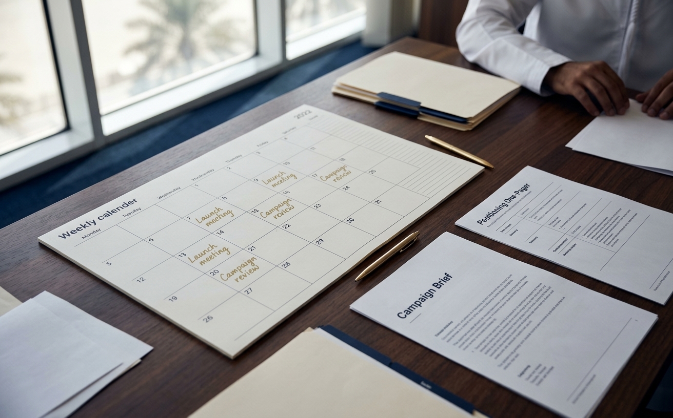 A printed campaign calendar and positioning notes on the desk.
