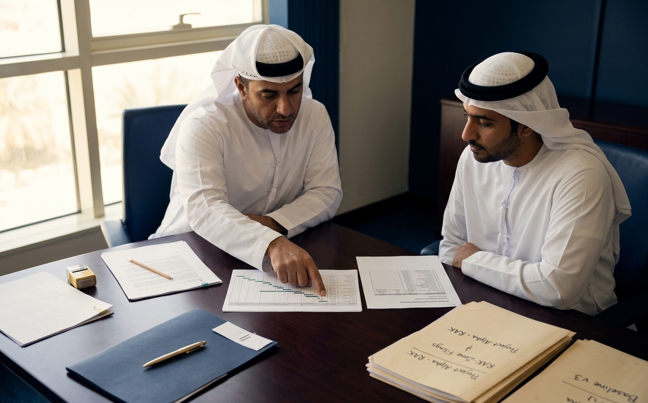 A named lead walking a client through a written project plan at the desk.